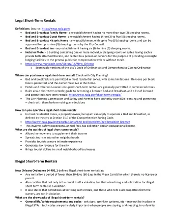Legal Short  Term Rentals Definitions: (source: http://www.nola.gov)  Bed and Breakfast