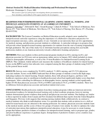 Abstract Session D2: Medical Education Scholarship and Professional Development  Moderator:
