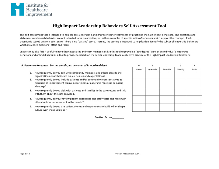 high impact leadership behaviors self assessment tool