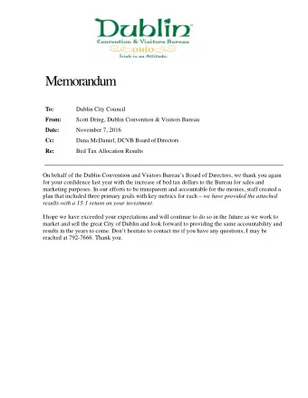 Memorandum To:  Dublin City Council From:  Scott Dring, Dublin Convention &amp; Visitors Bureau