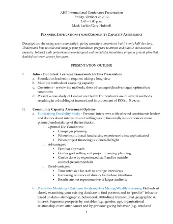 P LANNING I MPLICATIONS FROM C OMMUNITY C APACITY A SSESSMENT Description: Assessing your