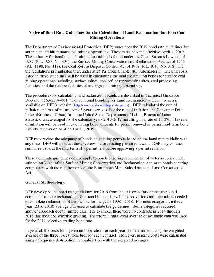notice of bond rate guidelines for the calculation of