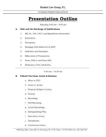 Presentation Outline  Saturday 9:00 am  9:45 am A.  Debt and the Discharge of Indebtedness 1.