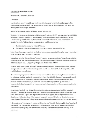 Presentation: Reflections on OTS  D G Chaplow 8 May 2014, Waikato  Introduction  My reflections