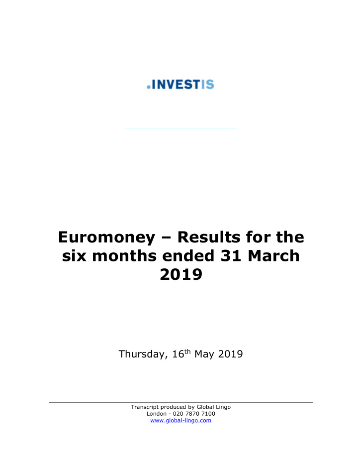 euromoney results for the six months ended 31 march 2019