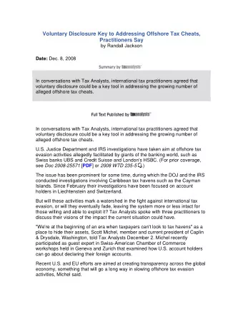 Voluntary Disclosure Key to Addressing Offshore Tax Cheats, Practitioners Say  by Randall Jackson