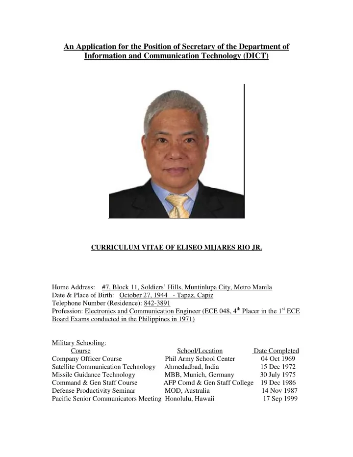 an application for the position of secretary of the