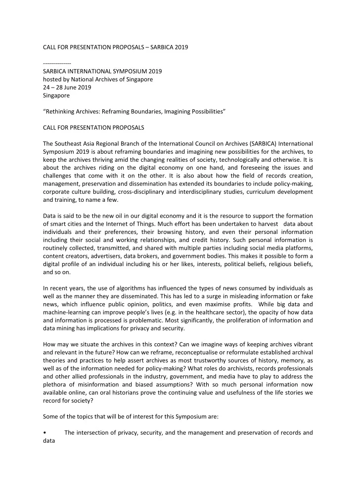call for presentation proposals sarbica 2019 sarbica