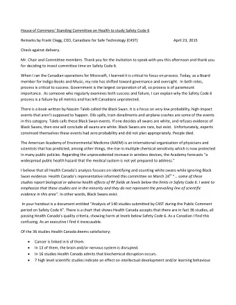 House of Commons Standing Committee on Health to study Safety Code 6  Remarks by Frank Clegg,