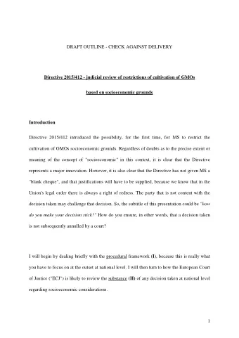 DRAFT OUTLINE - CHECK AGAINST DELIVERY  Directive 2015/412 - judicial review of restrictions of