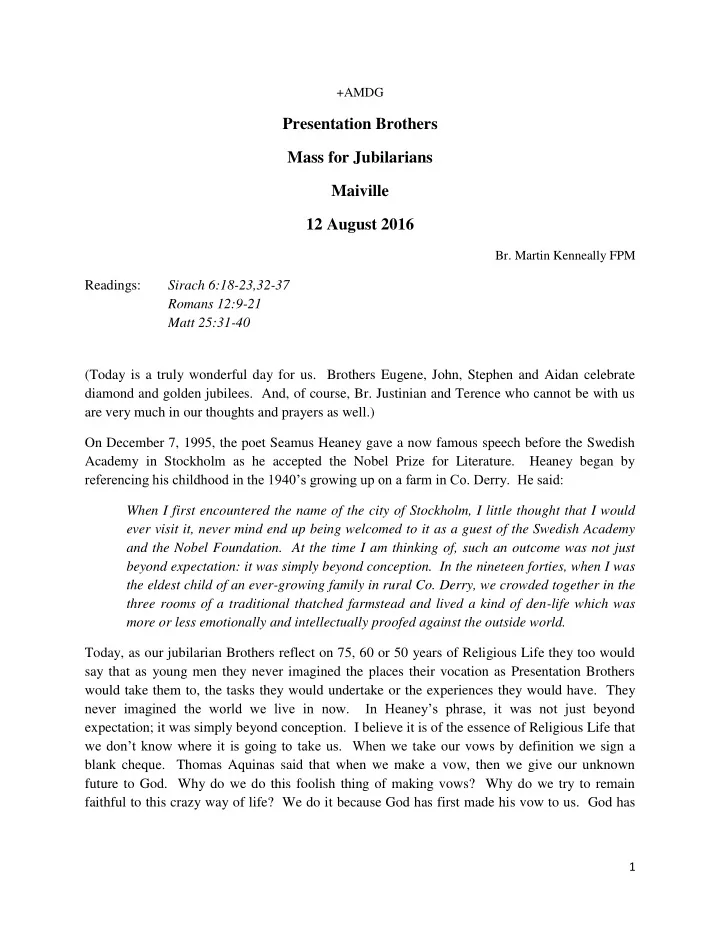 presentation brothers mass for jubilarians maiville 12