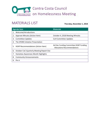 Contra Costa Council  on Homelessness Meeting  MATERIALS LIST  Thursday, November 1, 2018  Agenda