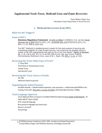 Supplemental Needs Trusts, Medicaid Liens and Estate Recoveries  Paula Mallory Engel, Esq.