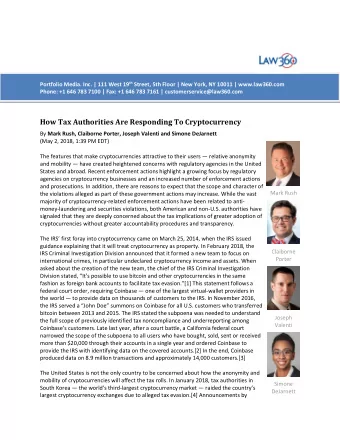 How Tax Authorities Are Responding To Cryptocurrency By Mark Rush, Claiborne Porter, Joseph Valenti