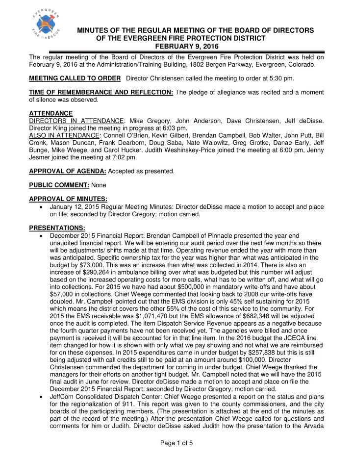 minutes of the regular meeting of the board of directors