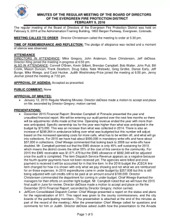 MINUTES OF THE REGULAR MEETING OF THE BOARD OF DIRECTORS  OF THE EVERGREEN FIRE PROTECTION DISTRICT