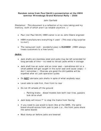 Random  notes from  Paul Sm iths presentation at the HW H sem inar W innebago Grand National