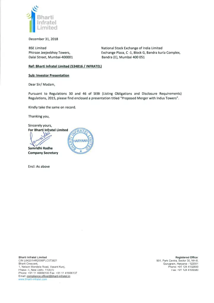 bharti infratel imited december 31 2018 bse limited