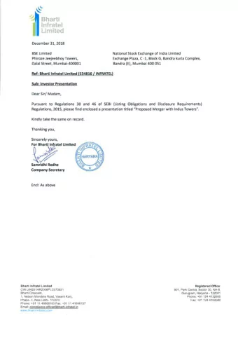 ~  Bharti  Infratel  imited  December 31,2018 BSE Limited National Stock Exchange of India Limited