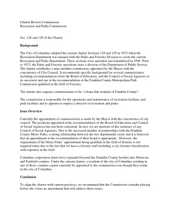 Charter Review Commission  Recreation and Parks Commission  Sec. 128 and 129 of the Charter