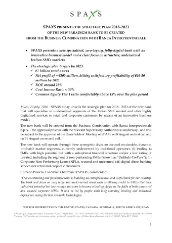 SPAXS PRESENTS THE STRATEGIC PLAN 2018-2023 OF THE NEW PARADIGM BANK TO BE CREATED FROM THE B