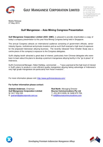 Gulf Manganese  Asia Mining Congress Presentation Gulf Manganese Corporation Limited (ASX: GMC)