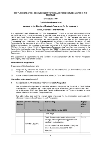 SUPPLEMENT DATED 8 DECEMBER 2017 TO THE BASE PROSPECTUSES LISTED IN THE  SCHEDULE  Credit Suisse AG
