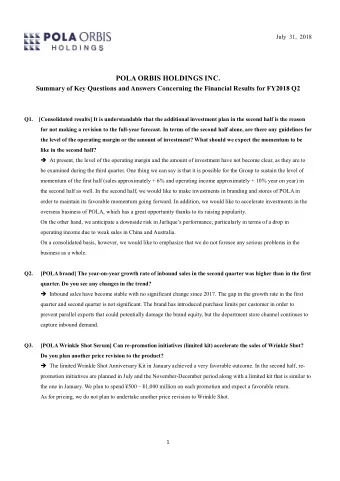 POLA ORBIS HOLDINGS INC.  Summary of Key Questions and Answers Concerning the Financial Results for