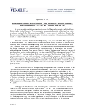 September 21, 2017  Colorado Federal Judge Rejects Plaintiffs Claim for Separate Class Vote on
