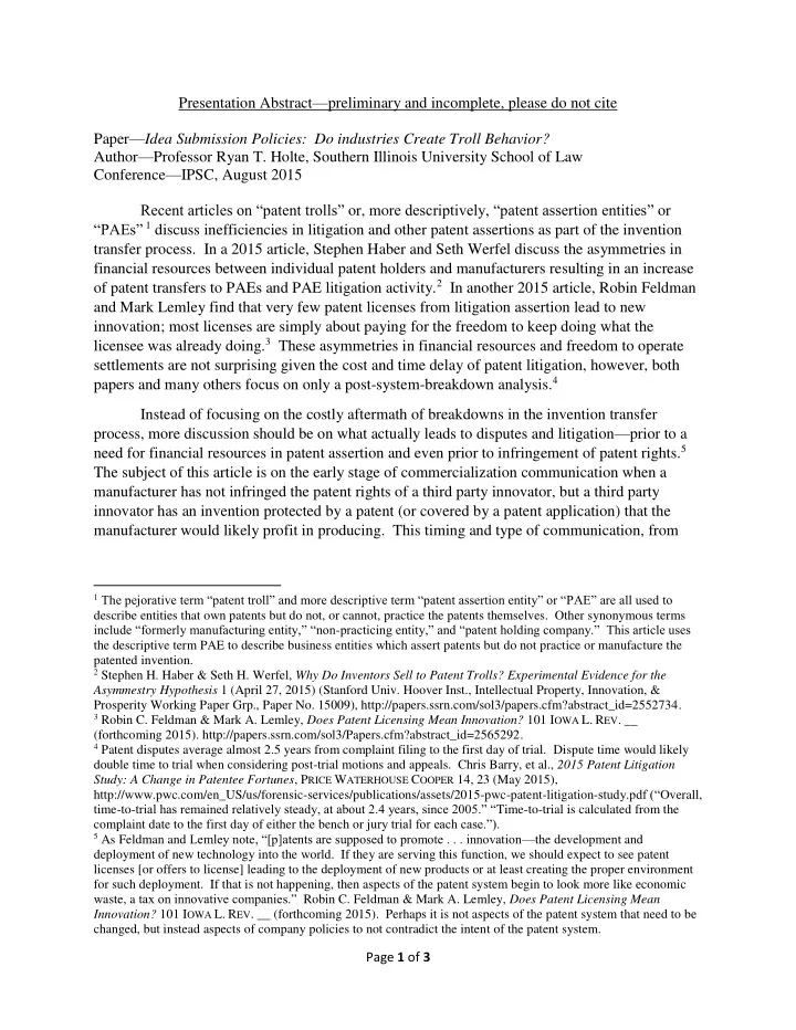 presentation abstract preliminary and incomplete please
