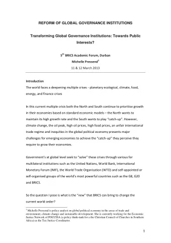 REFORM OF GLOBAL GOVERNANCE INSTITUTIONS  Transforming Global Governance Institutions: Towards