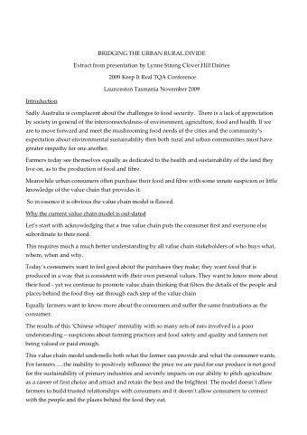 BRIDGING THE URBAN RURAL DIVIDE  Extract from presentation by Lynne Strong Clover Hill Dairies
