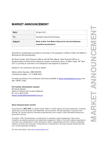 MARKET ANNOUNCEMENT  Date:  28 April 2011  To:  Australian Securities Exchange  Bank of New York