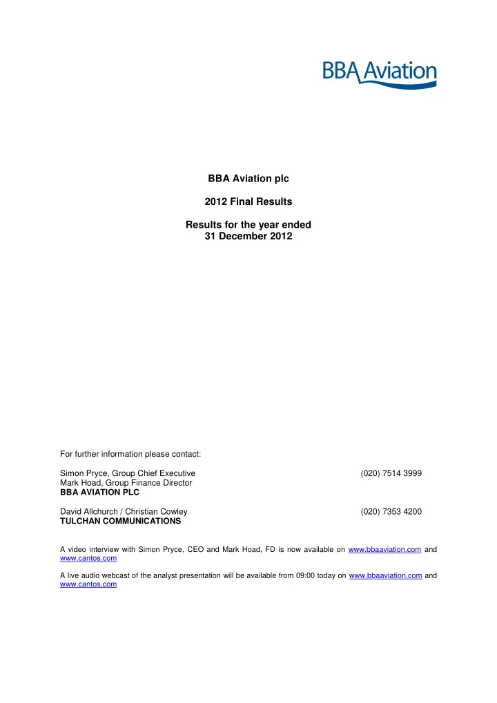 bba aviation plc 2012 final results results for the year
