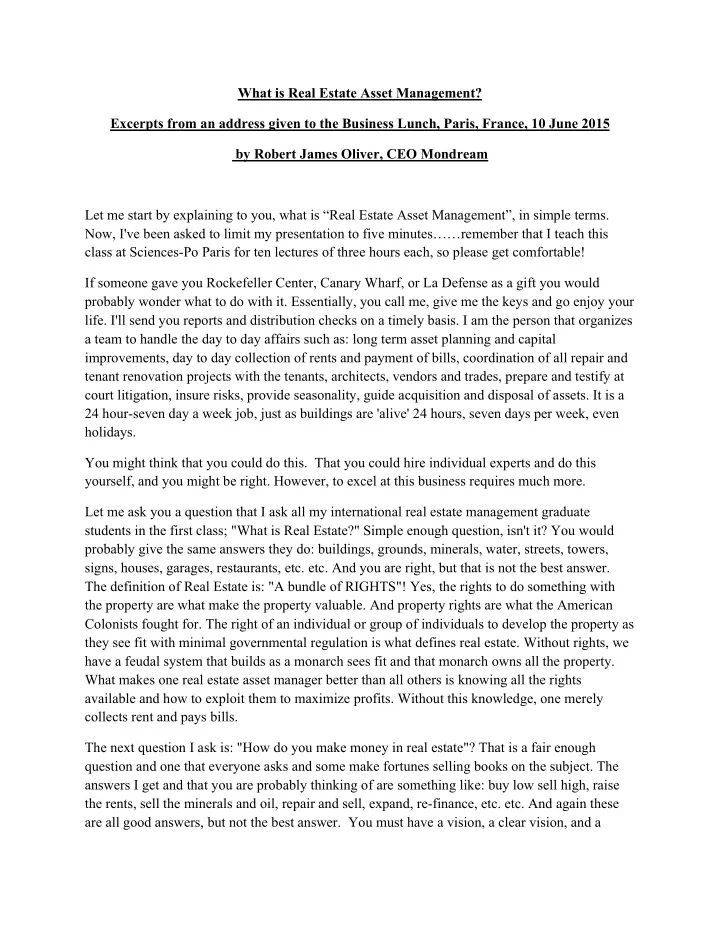 what is real estate asset management excerpts from an