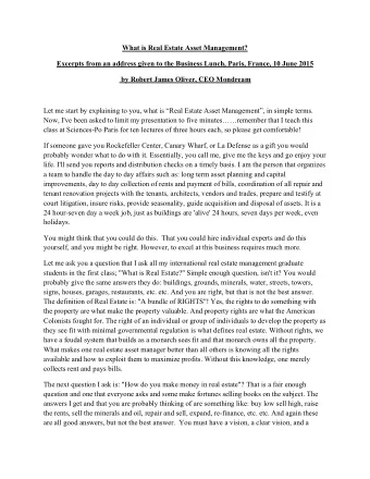 What is Real Estate Asset Management?  Excerpts from an address given to the Business Lunch, Paris,