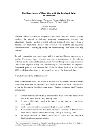 The Experience of Mauritius with the Lombard Rate:  An Overview  Paper to Stakeholders Forum on