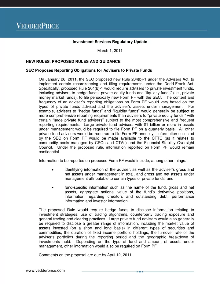 investment services regulatory update march 1 2011 new
