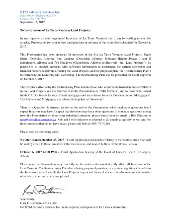 BTM Advisory Services Inc.  Suite 300, # 5 Richard Way SW Calgary, AB T3E 7M8  September 12, 2017