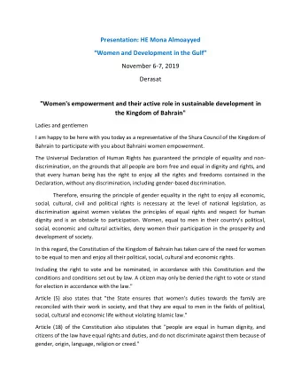 Presentation: HE Mona Almoayyed  Women and Development in the Gulf   November 6-7, 2019