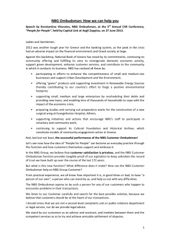 NBG Ombudsman: How we can help you Speech by Konstantina Vitoratos, NBG Ombudsman, at the 3 rd