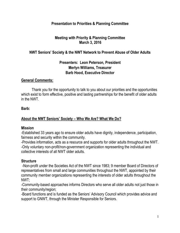 presentation to priorities planning committee meeting