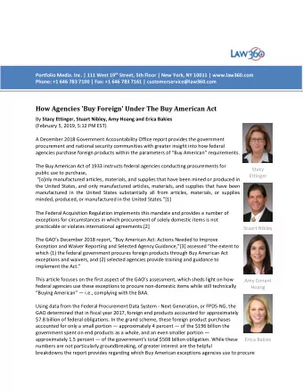 How Agencies 'Buy Foreign' Under The Buy American Act By Stacy Ettinger, Stuart Nibley, Amy Hoang