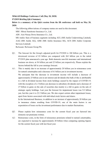 MS&amp;AD Holdings Conference Call (May 20, 2020) FY2019 Briefing Q&amp;A Summary  Below is a