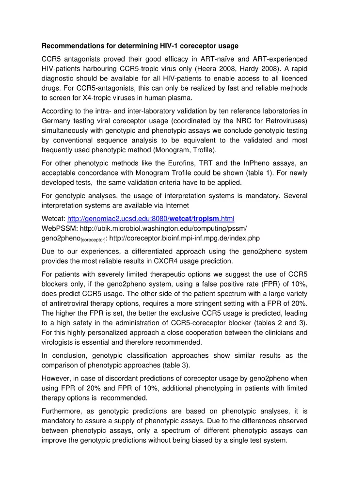 recommendations for determining hiv 1 coreceptor usage