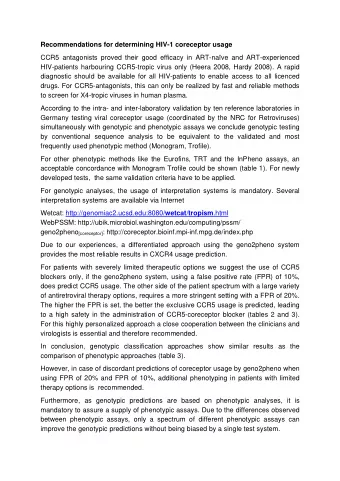 Recommendations for determining HIV-1 coreceptor usage  CCR5 antagonists proved their good efficacy