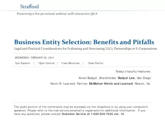Business Entity Selection: Benefits and Pitfalls  Legal and Practical Considerations for Evaluating