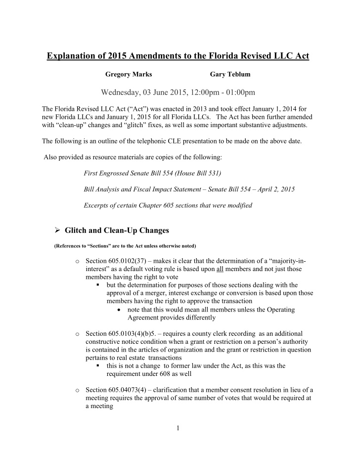 explanation of 2015 amendments to the florida revised llc