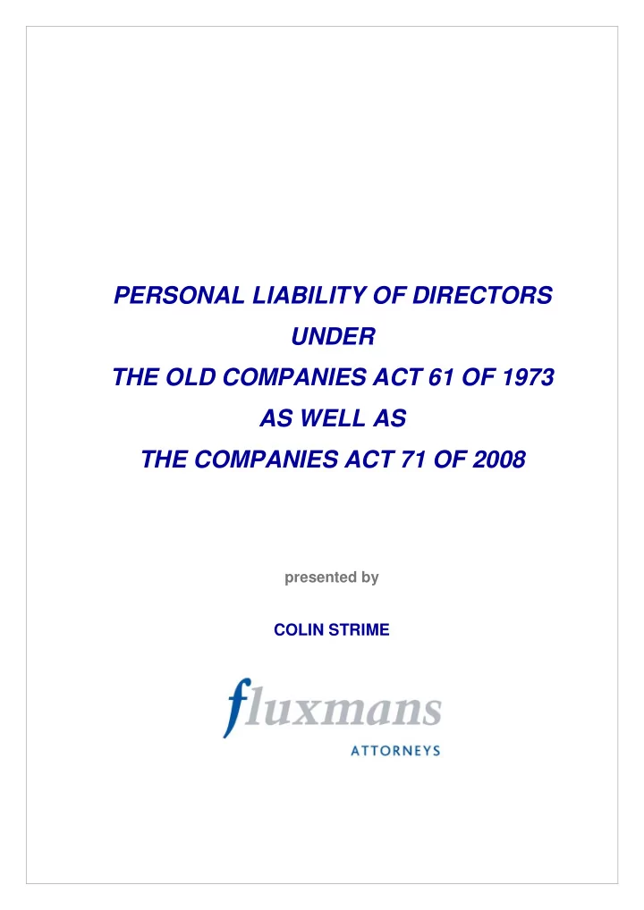 personal liability of directors under the old companies