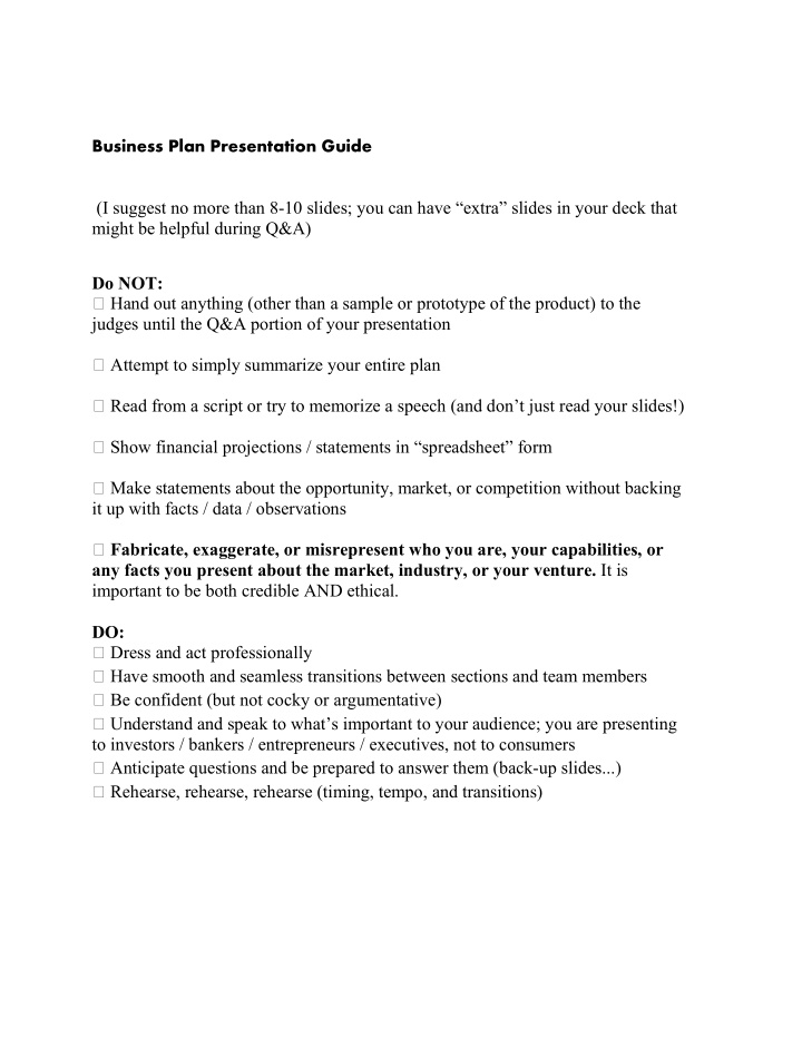 business plan presentation guide i suggest no more than 8